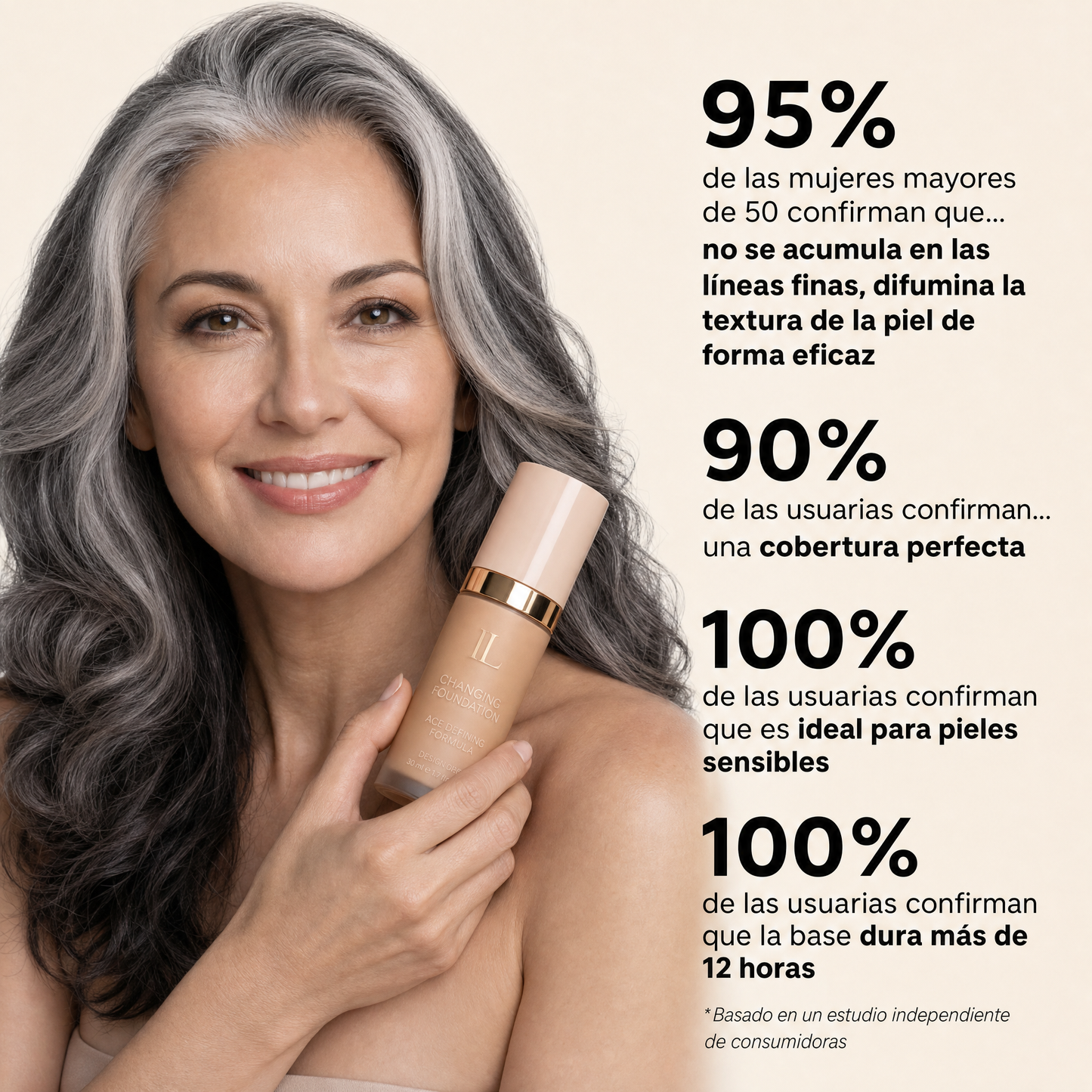 Base de Maquillaje Antiedad con Tecnología Coreana SPF 50: se adapta a tu tono de piel para un acabado natural