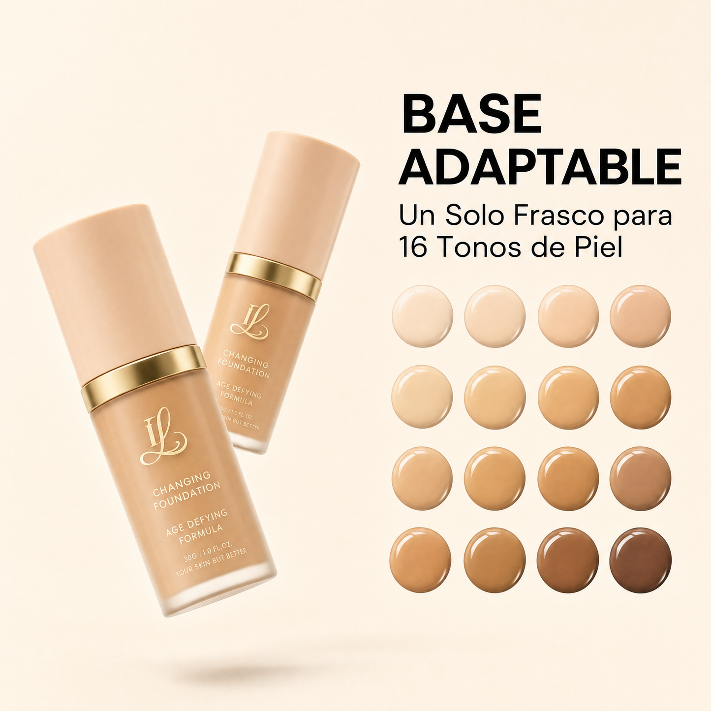 Base de Maquillaje Antiedad con Tecnología Coreana SPF 50: se adapta a tu tono de piel para un acabado natural